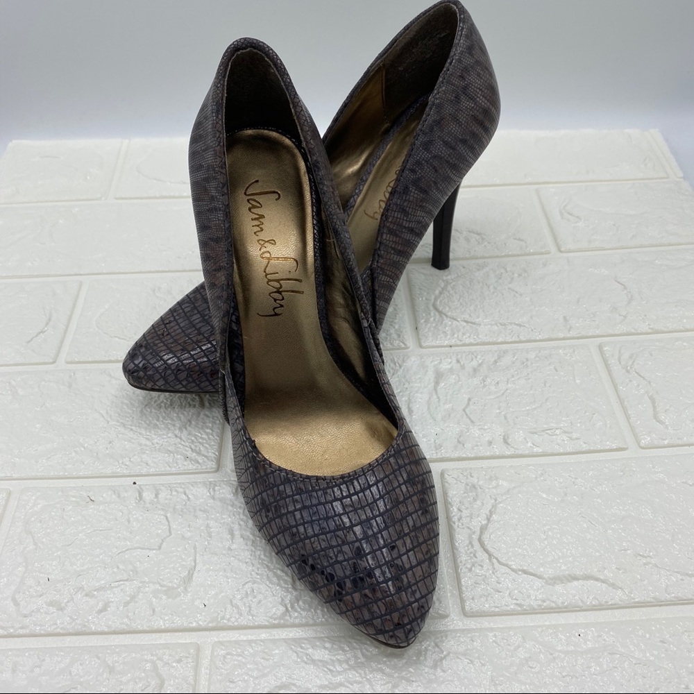Sam & Libby Grey, Brown, Black snake print heels.